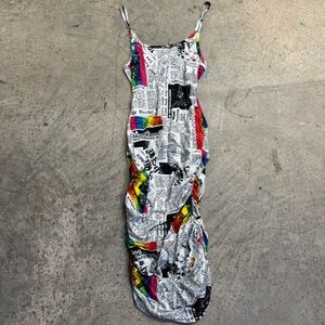 Objex Newspaper Print Ruched Body-con Sleeveless Tank Midi Dress SZ L Streetwear